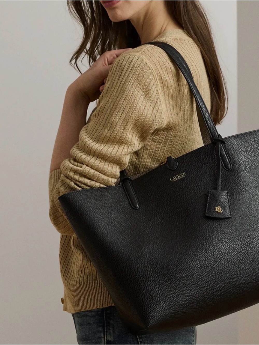 Lauren Ralph Lauren Black Pebbled Leather Tote with Wristlet - Picture 8 of 11
